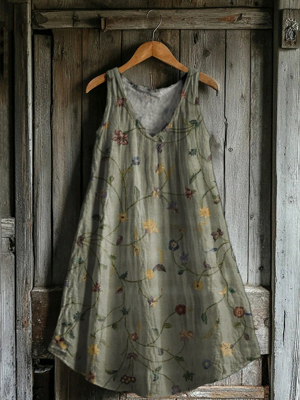 Women's Vintage Ethnic Flower Art Print V-neck Pocket Cotton Dress