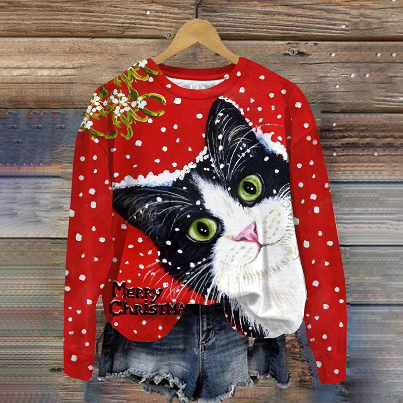 Christmas Cat Print Round Neck Long Sleeve Sweatshirt elevenforest