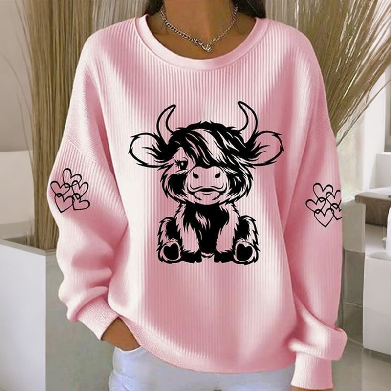 Women's Cute Highland Cow Print Crew Neck Long Sleeve Sweatshirt artswardrobe