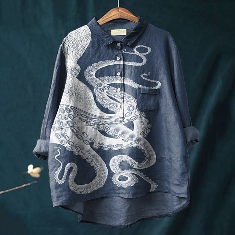Comstylish Japanese Octopus Art Print Casual Blouse