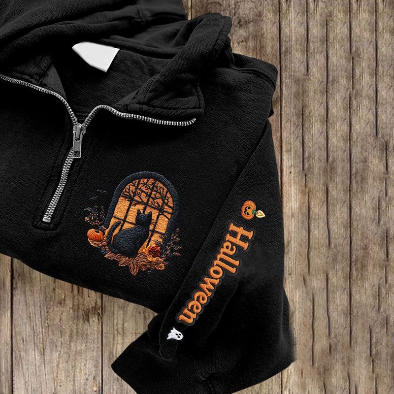 Comstylish Women's Halloween Cat Embroidered Zip Long Sleeve Casual Sweatshirt