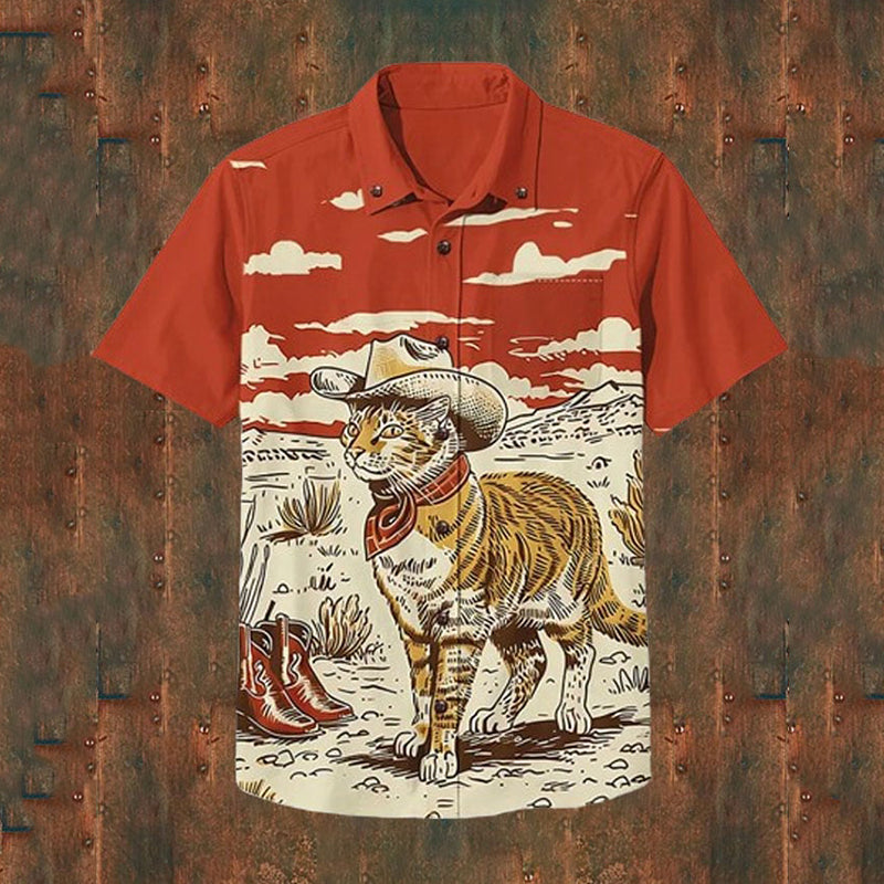 Men's Retro Western Cowboy Cat Print Cotton Blend Shirt elevenforest