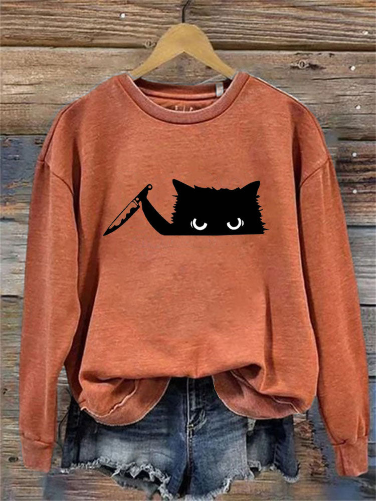 Comstylish Women's Casual Funny Black Cat Print Sweatshirt