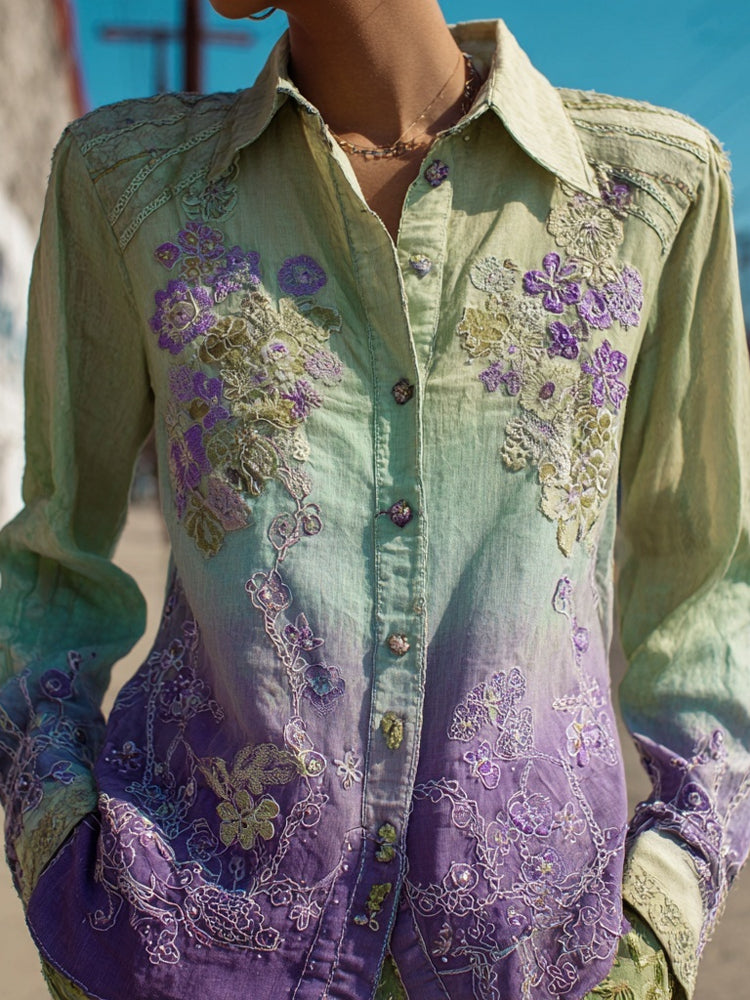 Vintage Purple Flowers Embroidered Gradient Linen Blouse artswardrobe