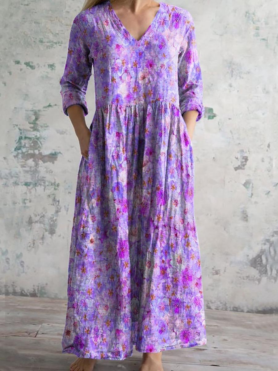 Women's Vintage Floral Art Pattern Printed Casual Cotton Dress