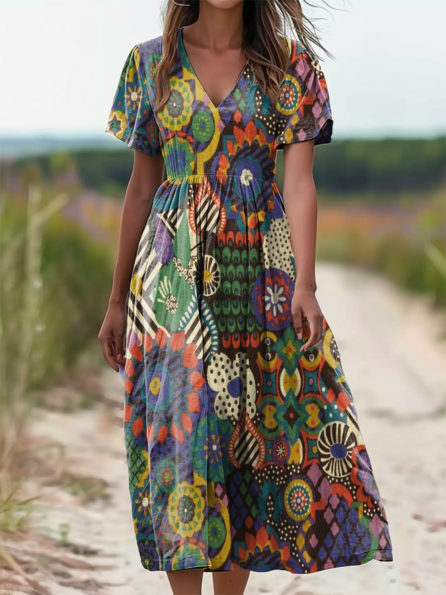 Women's Vintage Folk Art Pattern Print V-Neck Short Sleeve Pocket Cott