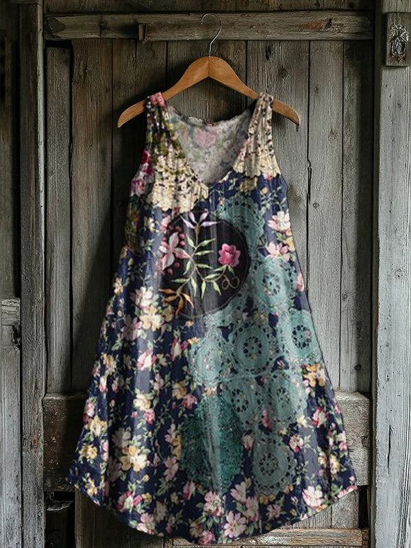 Women's Vintage Lace Floral Art Print V-neck Pocket Cotton Dress