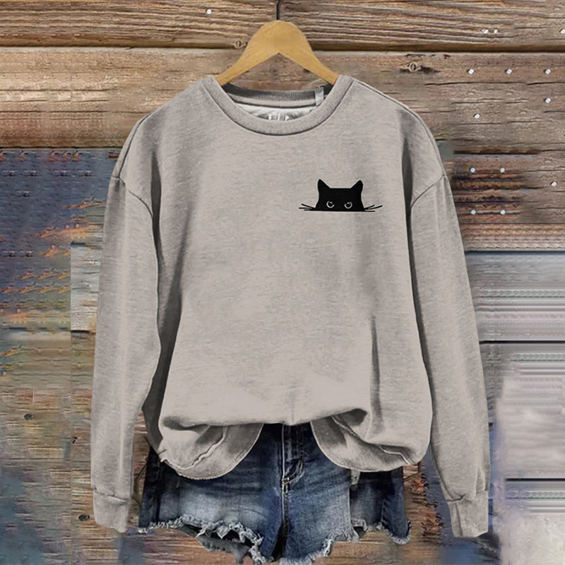 Comstylish Women's Embroidered Black Cat Print Sweatshirt