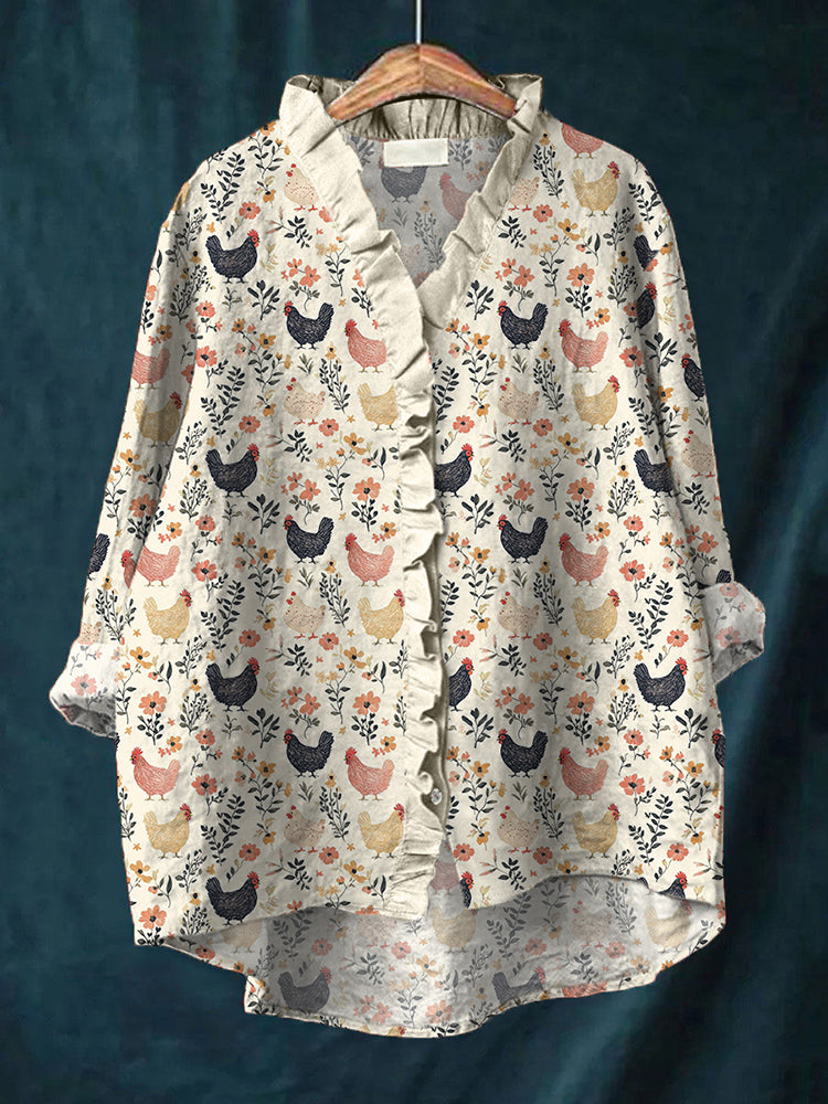 Farm Chicken & Floral Print Ruffled Linen Shirt artswardrobe