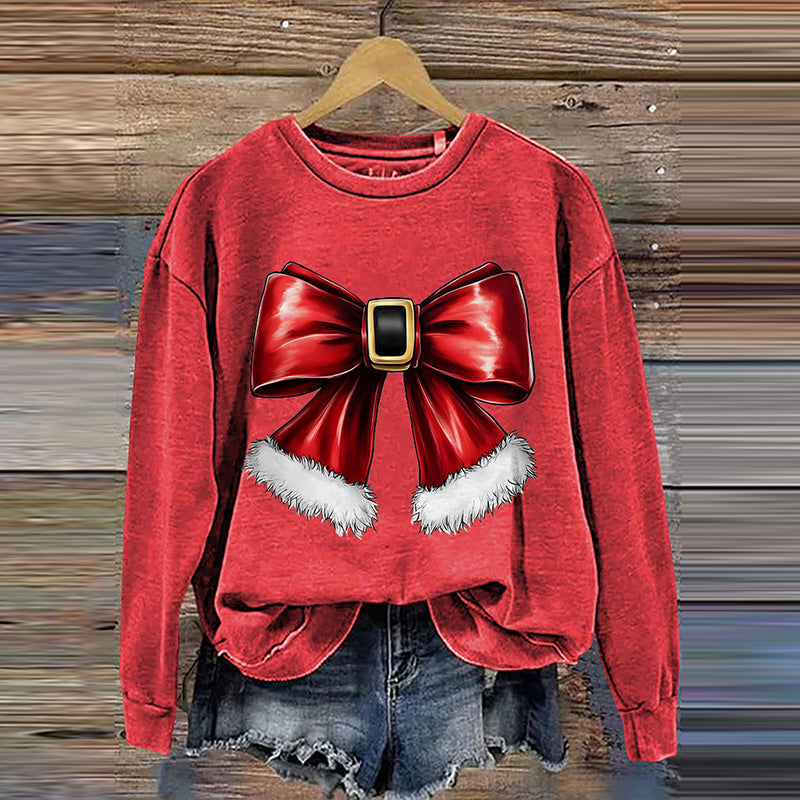 Comstylish Merry Christmas Bow Print Crew Neck Sweatshirt