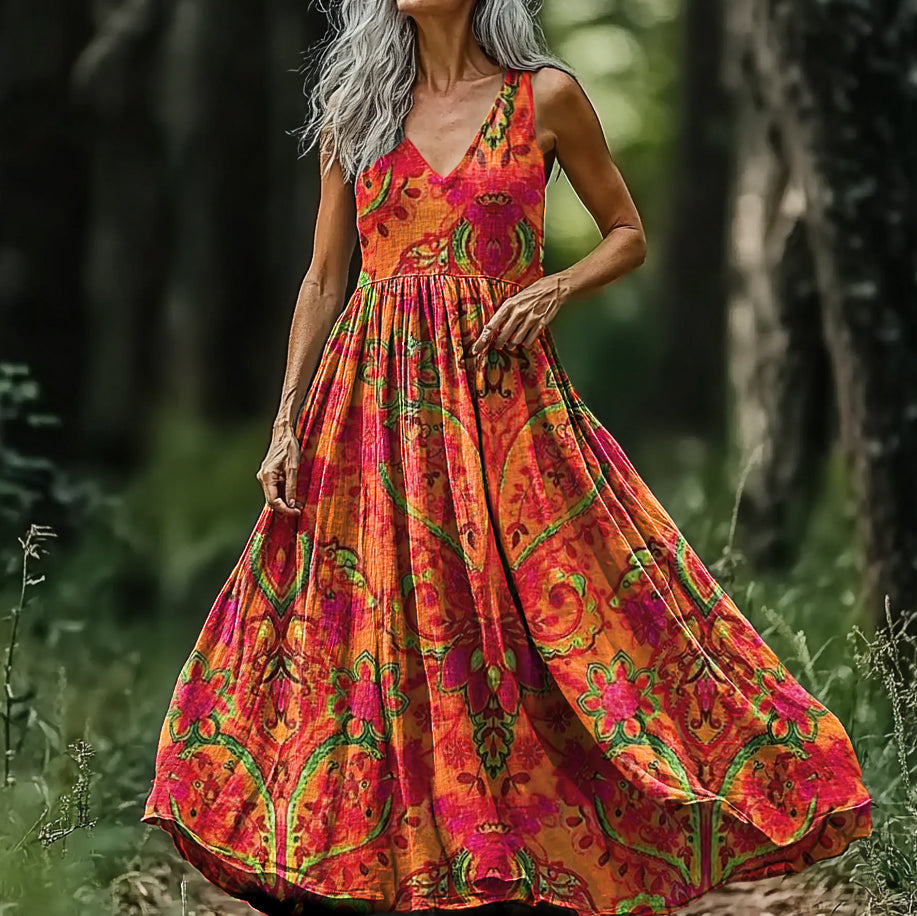 Women's Bohemian Ethnic Art Print V-neck Sleeveless Cotton Dress