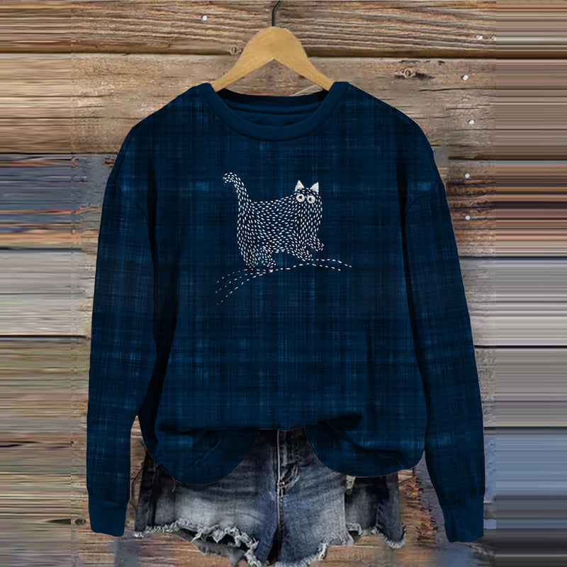 Cute Sashiko Cat Japanese Art Cozy Sweatshirt elevenforest