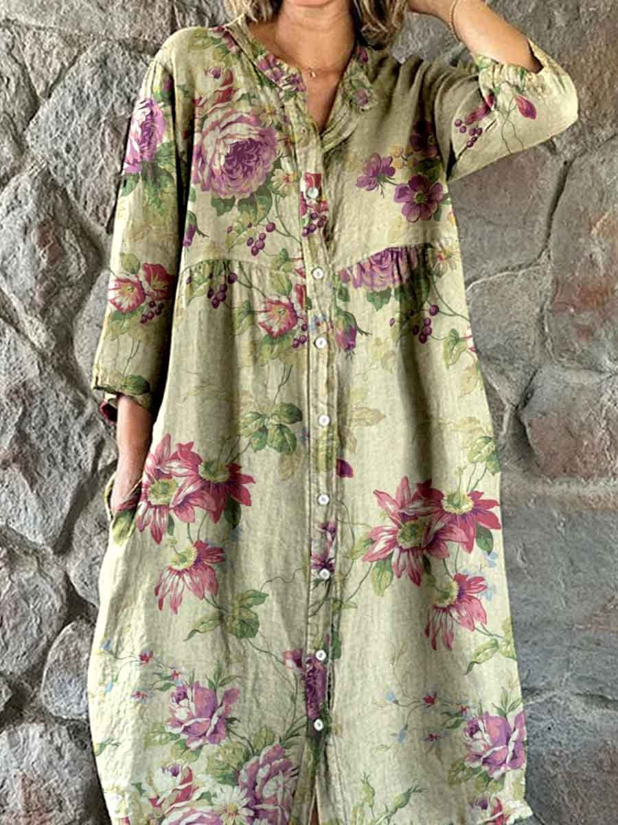 Women's Elegant Vintage Floral Print Shirt Style Cotton and Linen Dres