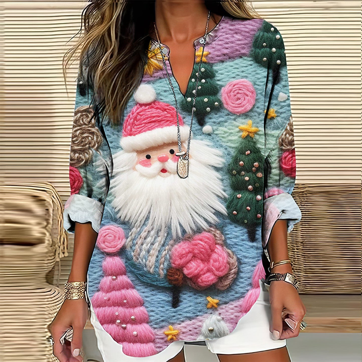 Comstylish Santa Claus Printed V-Neck Long Sleeved Casual Blouse