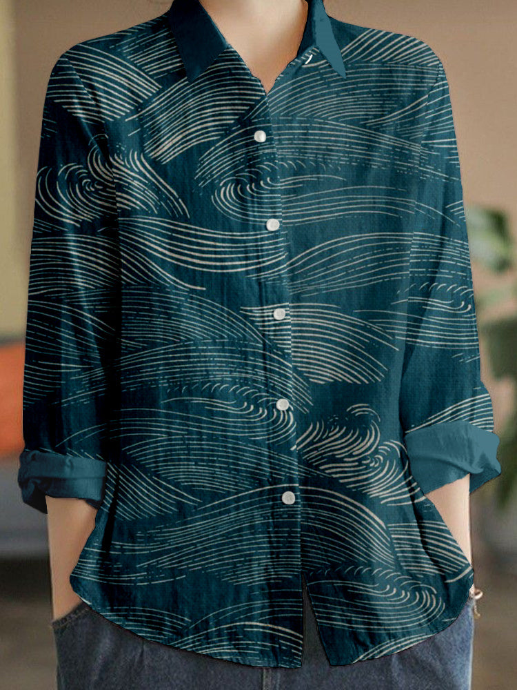 Comstylish The Water Pattern Linen Blend Comfy Blouse