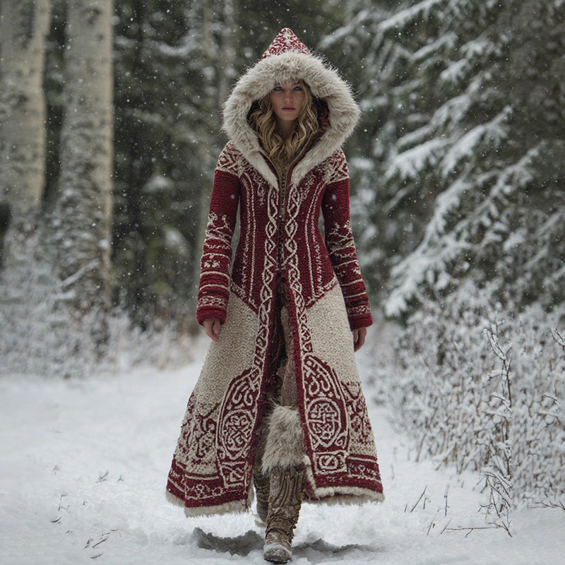 Comstylish Women's Vintage Viking Celtic Knot Pattern Knit Hooded Long Sweater Coat