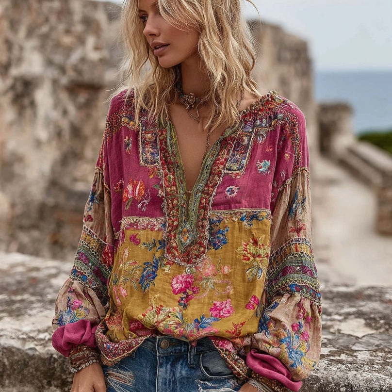 Comstylish Women's Vintage Bohemian Floral Embroidery Art V-neck Linen Blend Blouse