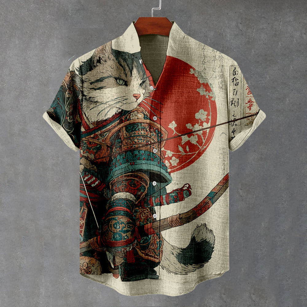 Vintage Japanese Kyudo Cat Art Print Linen Shirt elevenforest