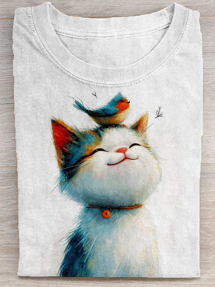 Cute Cat & Bird Pattern Crew Neck Cozy T Shirt elevenforest