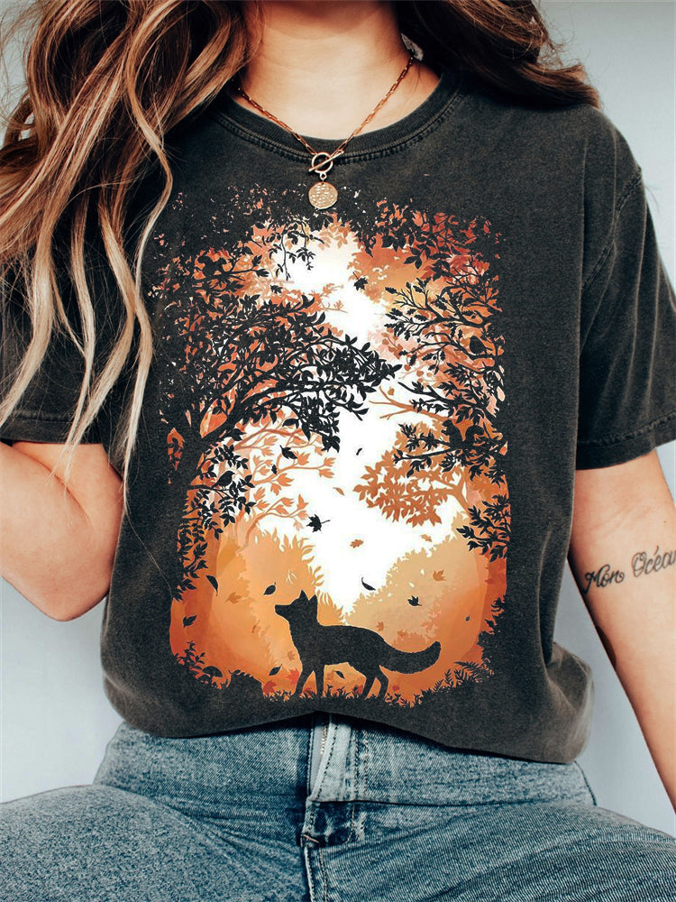 Fox in Forest Silhouette Vintage Washed T Shirt artswardrobe