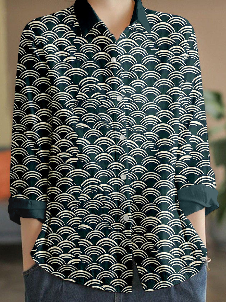 Comstylish Japanese Minimalism Wave Pattern Linen Blend Blouse