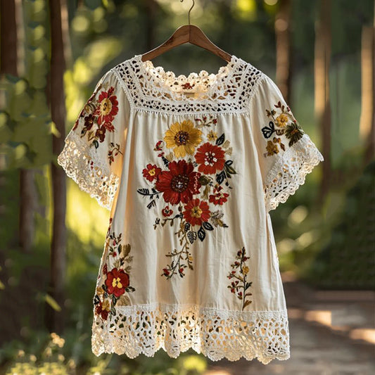 Comstylish Women's Vintage Embroidered Floral Lace Art Blouse