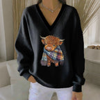 Women's Vintage Highland Cow Print V Neck Casual Sweatshirt artswardrobe