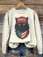 Women's Merica Patriotic Black Cat Print Sweatshirt elevenforest