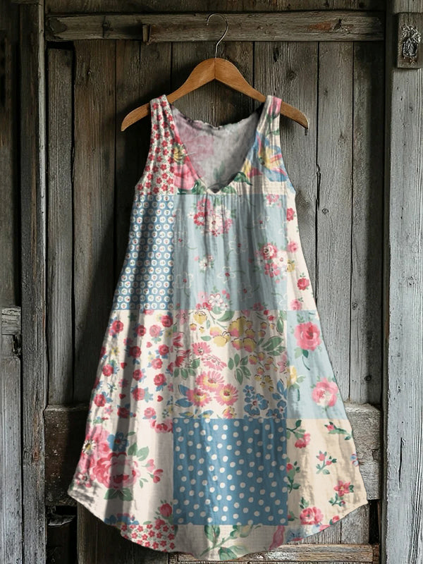 Women's Vintage Floral Patchwork Art Print V-neck Pocket Cotton Dress
