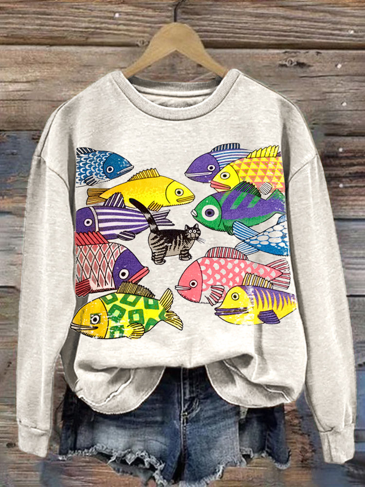Colorful Fish & Cat Print Vintage Sweatshirt elevenforest