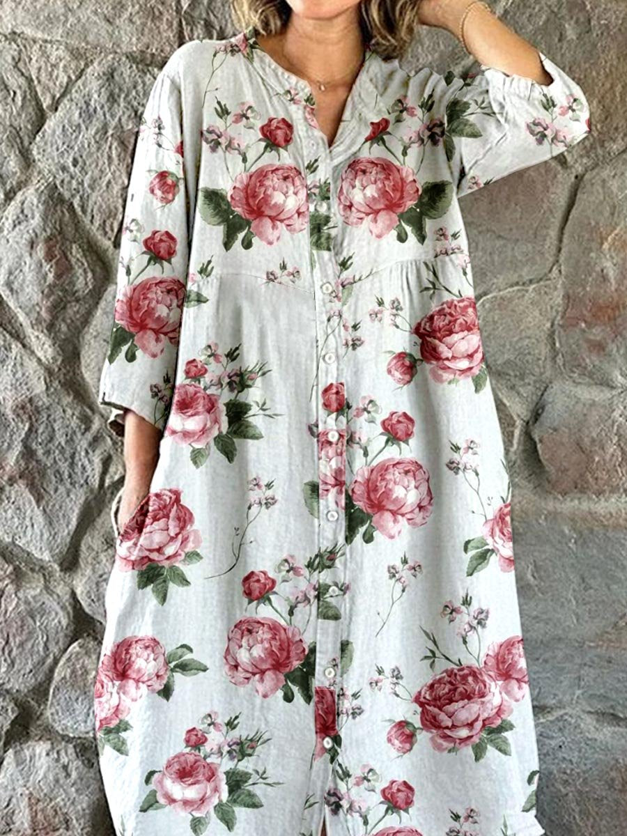 Women's Elegant Vintage Rose Floral Shirt Style Cotton and Linen Dress
