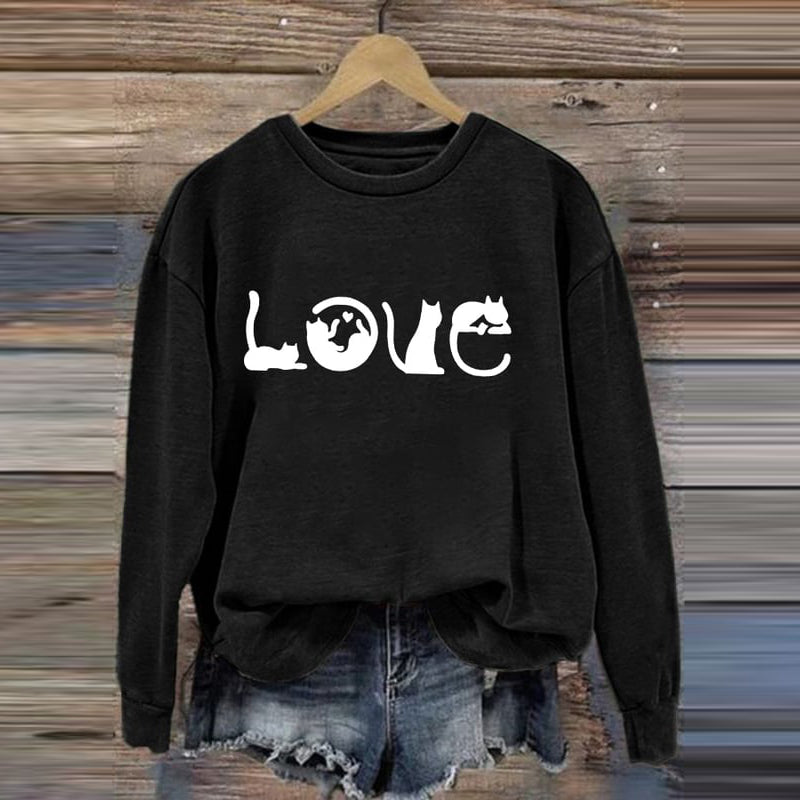 Comstylish Cat Love Printed Round Neck Casual Sweatshirt