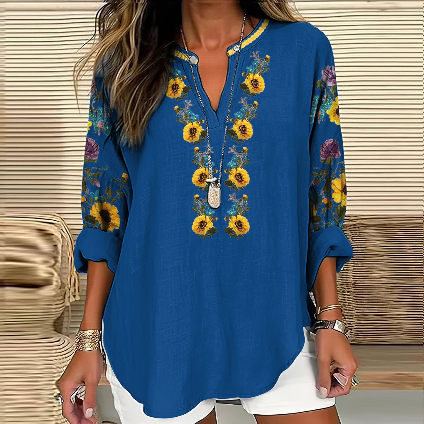 Comstylish Women's Ukraine Sunflower Art V-neck Casual Linen Blend Blouse