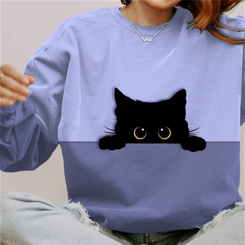 Comstylish Abstract Creative Peek-A-Boo Black Cat Painting Art Print Sweatshirt