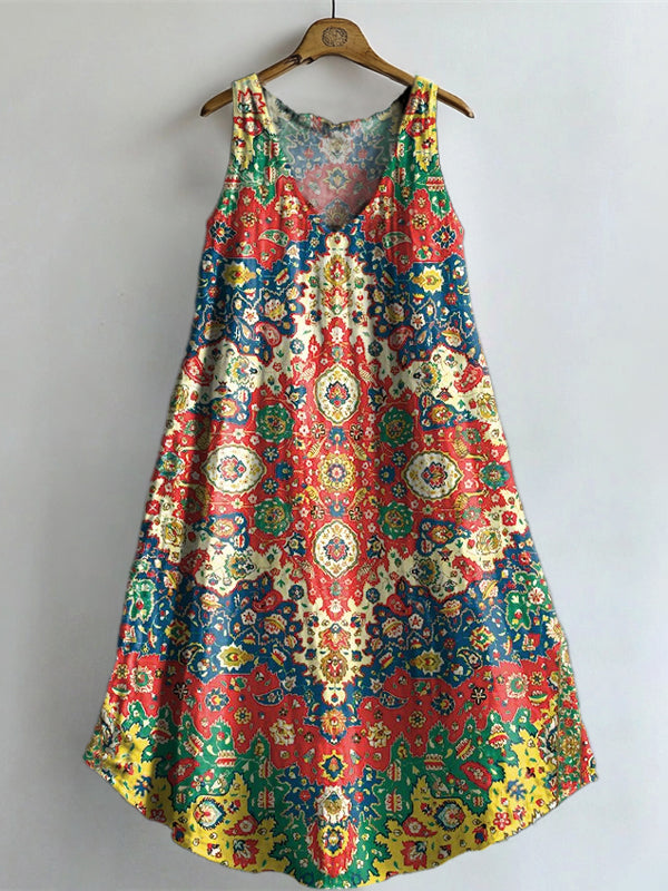 Women's Colorful Bohemian Totem Flower Art Print V-neck Pocket Cotton