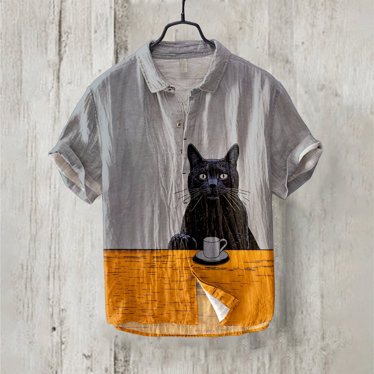 Retro Contrast Color Cat Coffee Art Linen Blend Comfy Shirt elevenforest