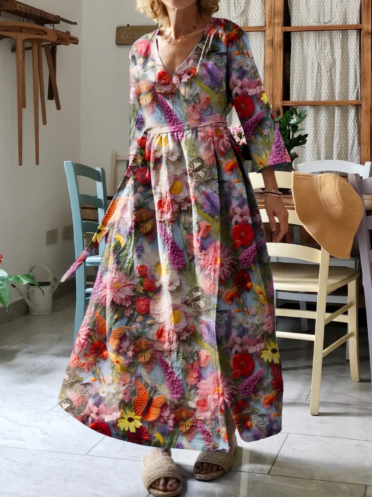 Women's Flower Art Print V-Neck Cotton Pocket Wrap Dress