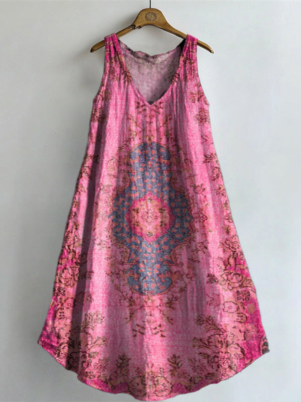 Women's Ethnic Totem Floral Art Print V-neck Pocket Cotton Dress