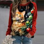 Comstylish Christmas Cat Print Crew Neck Sweatshirt