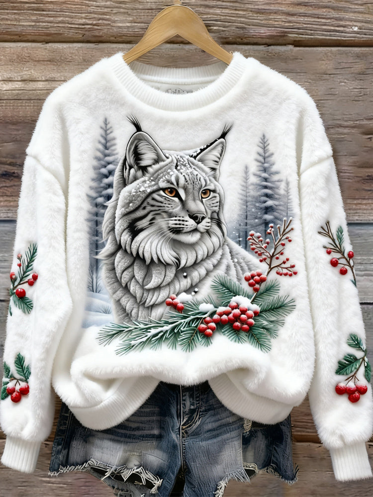 Christmas Lynx Animal Pattern Women's Flannel Sweatshirt elevenforest
