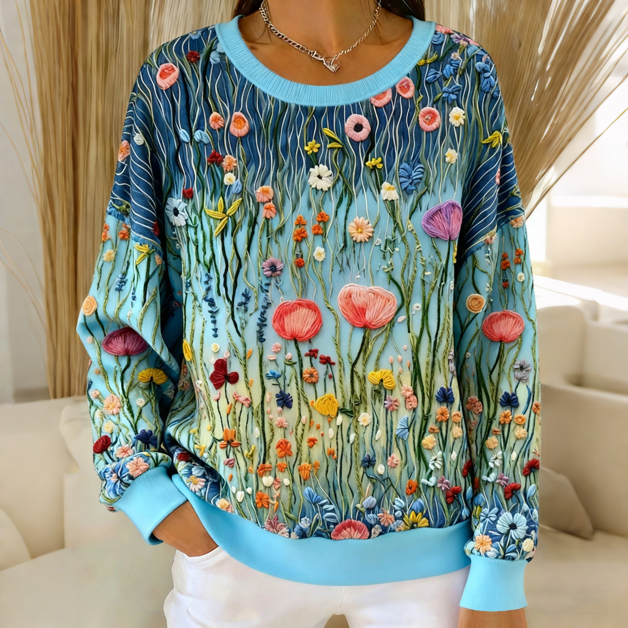 Comstylish Women's Floral Print Crew Neck Casual Sweatshirt