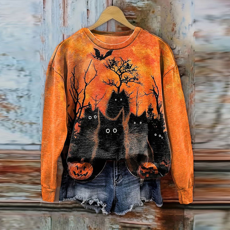 Comstylish Halloween Black Cat Print Casual Sweatshirt