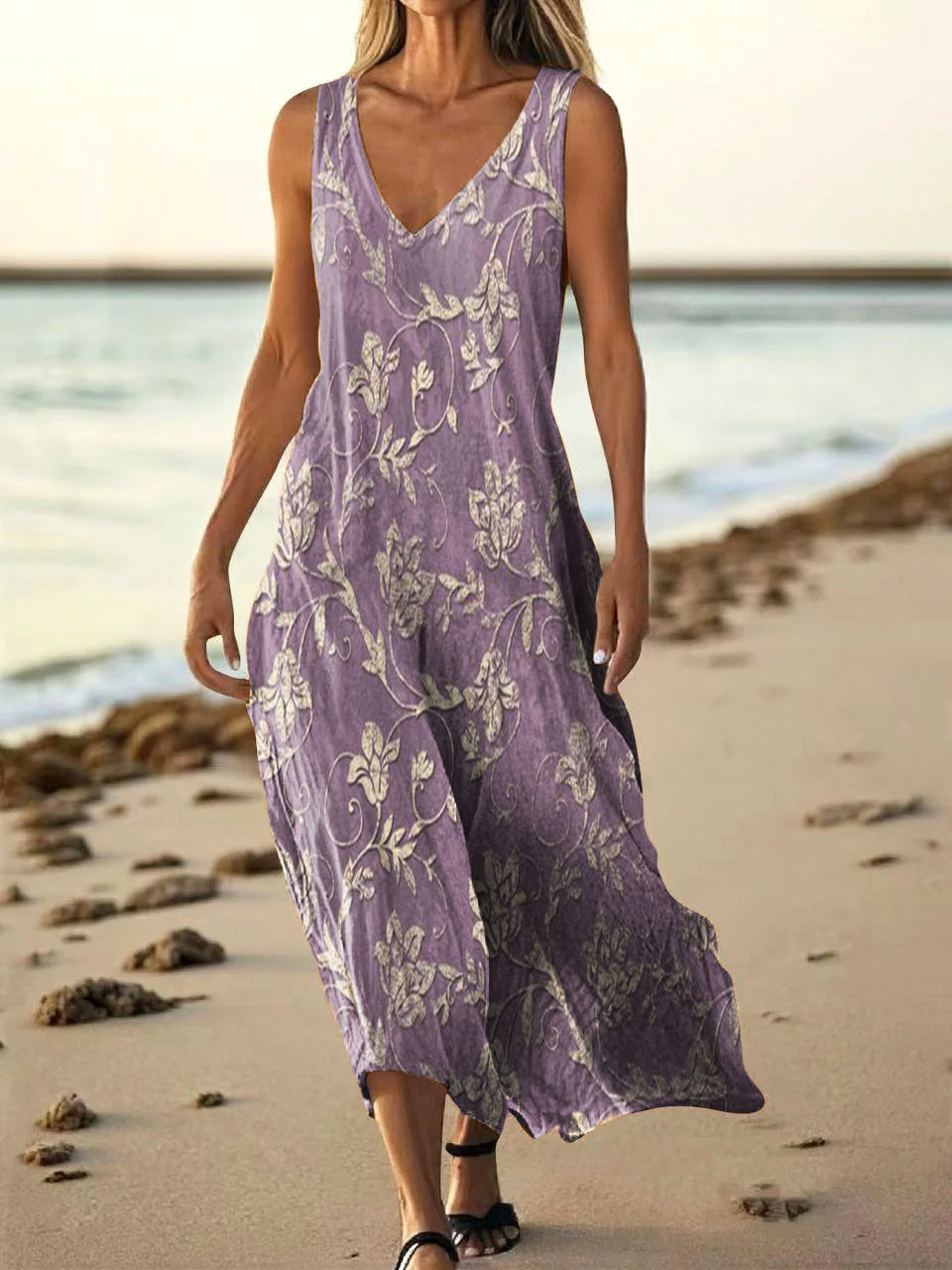 Women's Folk Art Floral Print V-neck Sleeveless Pocket Cotton Dress