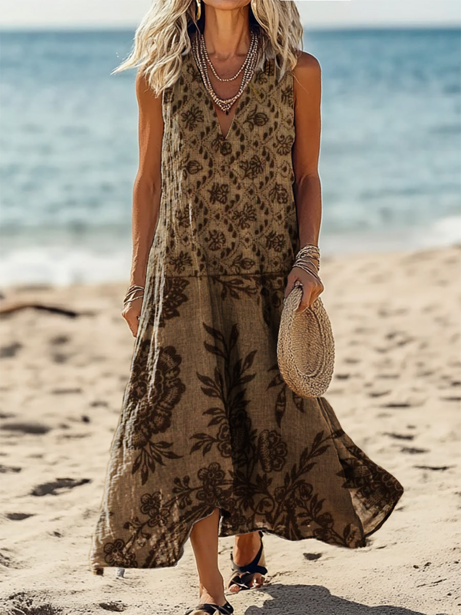 Women's Vintage Ethnic Floral Collage Art Print V-Neck Sleeveless Cott