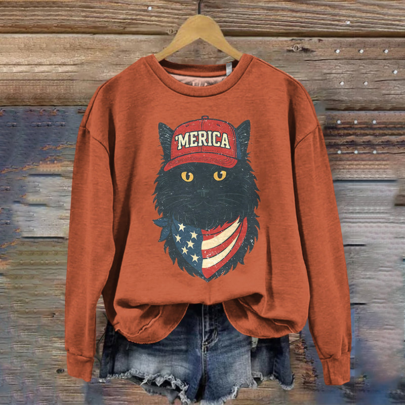 Women's Merica Patriotic Black Cat Print Sweatshirt elevenforest