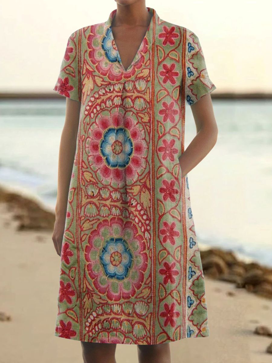 Women's Vintage Folk Art Floral Pattern Print V-Neck Linen Pocket Dres