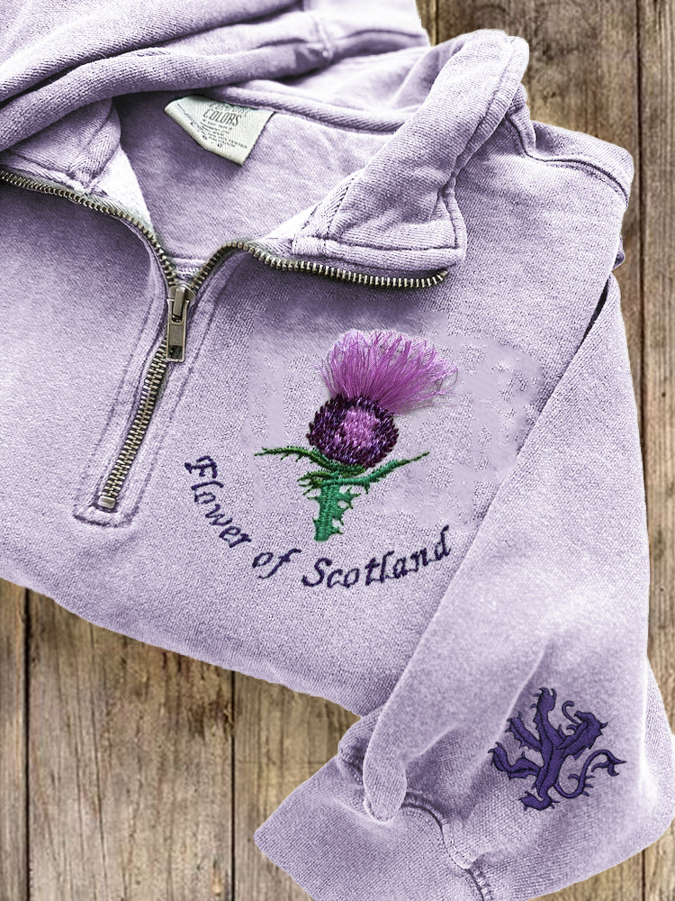 Comstylish Flower Of Scotland Thistle Fringe Embroidered Zip Up Sweatshirt
