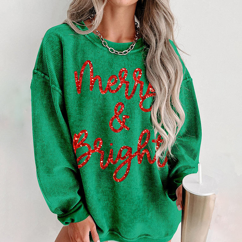 Comstylish Christmas Sparkly Glitter Merry And Bright Print Sweatshirt