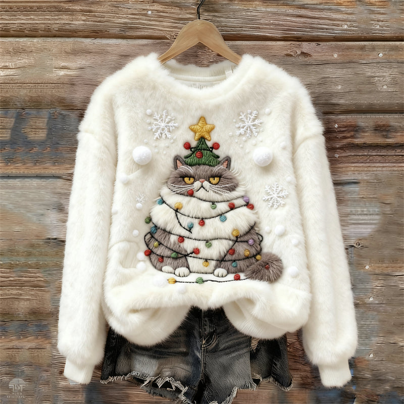 Angry Christmas Tree Cat Snowflakes Cozy Plush Sweatshirt elevenforest