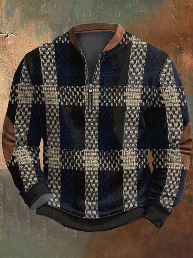 Men's Retro Western Textured Print Zip Collar Sweatshirt artswardrobe